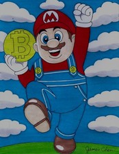 SUPER MARIO POWERS UP WITH BITCOIN FINE ART POP ART ORIGINAL COMIC COLOR ART picture