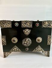 TIBETAN*TREASURE CHEST~ 1960*JEWELED*BLACK WOODEN~BRASS~FOOTED~HINGED 15Lx11HX9” picture