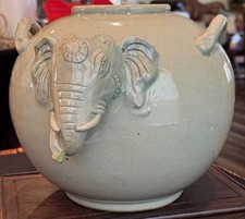 Rare Thai Celadon Glazed Pottery Vessel, 9 Inches Tall , Elephant design picture
