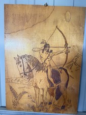 RARE 1/1 Native American Archer Wood Burning Art Pyrography Vintage Plaque 27x19 picture