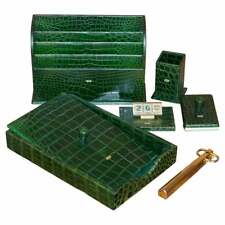 COUNT OWNED £17,000 ASPREY 24CT GOLD GREEN CROCODILE LEATHER 7 PIECE DESK SET picture