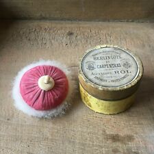 Antique French Swans Down Powder Puff Celluloid Handle in Vintage Candy Tin  picture