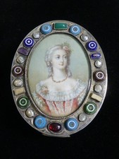 Antique 800 Silver Trinket Box W/ Hand Painted Portrait Under Glass-Mixed Stones picture