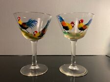 DORFLINGER HONESDALE SHERRY GLASS HAND PAINTED ROOSTERS ANTIQUE SET OF 2 picture