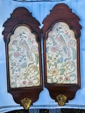 WALNUT AND CREWEL WORK WALL SCONCES 1680-1720 STUMPWORK EMBROIDERED 17TH CENT picture