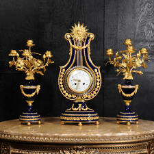 FINE COBALT BLUE ORMOLU LOUIS XVI LYRE CLOCK SET MYSTERY JEWELLED PENDULUM BEZEL picture