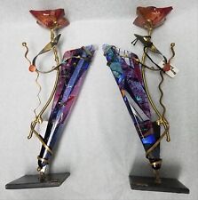 BEAUTIFUL PAIR GARY ROSENTHAL COLLECTION JUDAICA SHABBAT GLASS CANDLE HOLDER picture