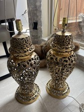 Vintage 1972 Brass Lamp Set Taiwanese Art Deco 32 Inches Tall picture