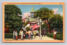 Labor Day Parade at Auditorium Ocean Grove New Jersey NJ Vintage Linen Postcard picture