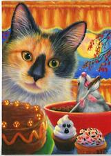 ACEO HALLOWEEN CALICO CAT KITCHEN COOK BAKE PUMPKIN CHOCOLATE CAKE MICE PAINTING picture