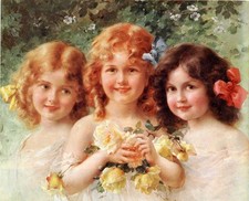 Oil painting Emile Vernon - Three Sisters beautiful little girls & yellow roses picture