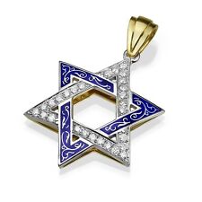 Diamond Star of David Pendant 14K Two Tone Gold Blue Enamel Magen David Jewish picture