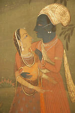 RAJASTHAN FABRIC - KRISHNA SURROUNDED BY MILK BEARER AND ATTENDANTS 18TH CENTURY picture