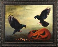 ORIGINAL Oil Painting Halloween Pumpkin w/ pigeons & Candy 22x28