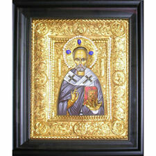 St Nicholas Silver Icon with Stones & Pearls 13 1/2