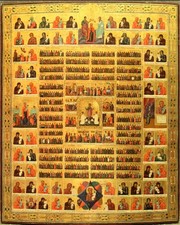 ANTIQUE 19c  RUSSIAN ICON THE CALENDAR YEAR ON GOLD & FEAST & OUR LADY (7772) picture