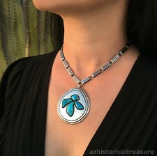 KENNETH BEGAY - WHITE HOGAN NAVAJO HANDMADE STERLING SILVER TURQUOISE NECKLACE picture