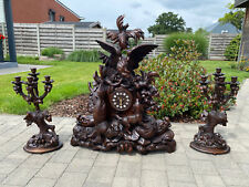 Majestical XXL BLACK FOREST wood carved clock mantel set hunting dog candelabras picture