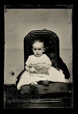 Marvelous Tintype Nervous Little Girl Holding Pull TOY Cat with Hidden Mother picture