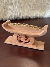 KWANZAA GYE NYAME CANDLE HOLDER CARVED WOOD 7 BRASS RING “ONLY GOD”  AFRICA GIFT picture