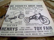 67-5 ephemera 1964 advert henrys toy fair margate tricycles bikes picture