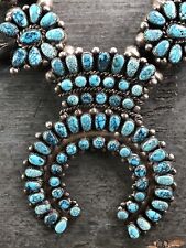 Rare Pawn Vintage Navajo No #8 Turquoise Sterling Silver Squash Blossom Necklace picture