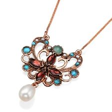 Vintage Style Butterfly w/ Turquoise Jade Pearl Garnet Pendant in 14K Rose Gold picture