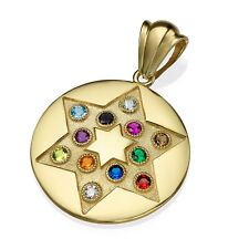 Star of David with Hoshen Gemstones in 14K Yellow Gold Circular Disc Pendant picture