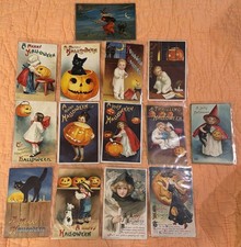 Antique Halloween Postcard Lot Of 14 Witches Pumpkins Cats Children Clapsaddle picture
