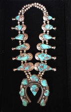 1970'S RARE NAVAJO PAWN BISBEE AQUA TURQUOISE SQUASH BLOSSOM NECKLACE picture