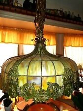 LEADED GLASS HANGING LAMP CHANDELIER ANTIQUE GAS CONVERT TO ELEC/ ? BRADLEY HUBB picture