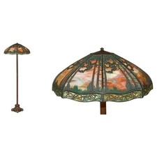 ORIGINAL ANTIQUE BRONZE STAINED GLASS HANDEL SUNSET OVER PINE TREES FLOOR LAMP picture