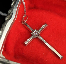 Antique Rose Cut Diamond 14k Yellow White Gold Cross Pendant with Chain Estate picture