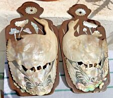 Antique Carved Mother-of-Pearl Shell Wall Pockets Maltese Crane Bird Flower Vase picture