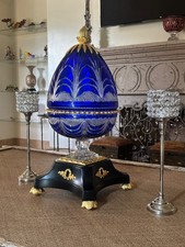 Faberge Egg Cobalt Cut Crystal Wave Pattern 24K Gold Plated Stand Numbered  picture