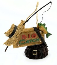 Christmas Big Catch Fishing Ornament Sign Pole Hat Basket Cabin Lodge Decor picture