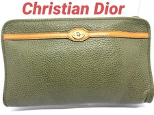 Christian Dior Clutch Bag Leather Olive Tone Plate Women's Unisex picture