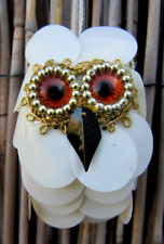 Vintage Owl Xmas Ornament Handmade White w/ Orange Eyes Pins & Sequins picture