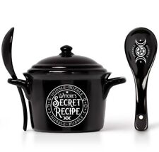 Alchemy Gothic Witches Secret Recipe Bowl Lid Spoon Black China MW DW Safe MRB6 picture