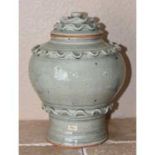 Thai Celadon-Glazed Crackle Stoneware Hu Vessel Temple Jar With Lid picture