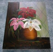 CHRISTMAS PINK WHITE RED POINSETTIA FLOWER HOLLY BERRIES BOTANICAL OIL PAINTING picture