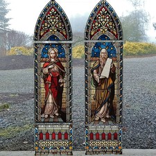 Antique Religious Church Leaded Stained Glass 9 Foot Pair Panels Dated 1893 picture