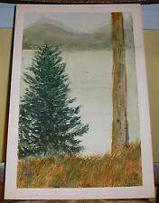 VINTAGE SPRUCE TREE MOUNTAINS AUTUMN SEASON COUNTRY FOLK ARE LANDSCAPE PAINTING picture