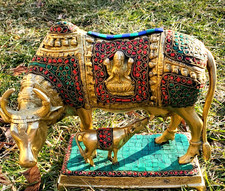 Brass Kamadhenu 11 in Cow Calf Statue with Stonework, Brass Kamdhenu Cow picture