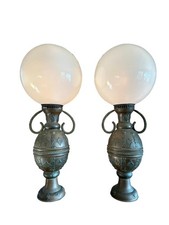 1920s Pair Antique Brass Moroccan Huge Double Handle Water Jug Globe Table Lamps picture