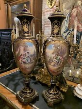 Pair Antique Huge French Sevres Porcelain Urns, Hand Painted,  1880 , picture