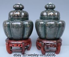 Chinese Folk He Tian Green Jade Jasper Carved Pumpkin Tank Crock Pot Vase A Pair picture