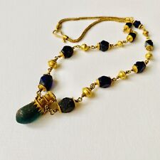 BEAUTIFUL Ancient Roman Gold Pendant Necklace With Green And Blue Glass Beads picture