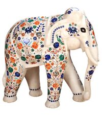 15'' Marble Elephant Statue Multi Floral Gemstone Inlay Trunk Down Decorate M258 picture