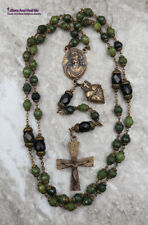 Holy Face of Jesus Sacred Bleeding Heart Green Jade Large Bronze Rosary picture